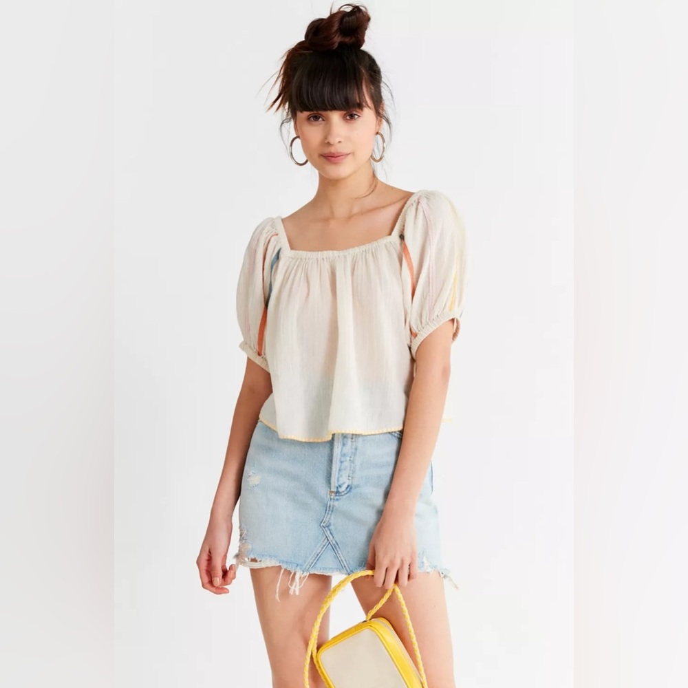 Urban Outfitters UO Embroidered Balloon Sleeve Peasant Blouse Size XS Stripe